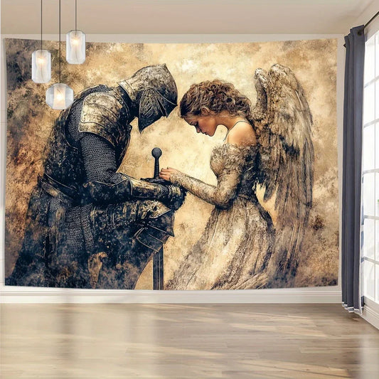 Vintage Knight and Angel Tapestry Prayer Front Scene Wall Hanging Polyester Fabric Living Room Bedroom Elegant Home Decor