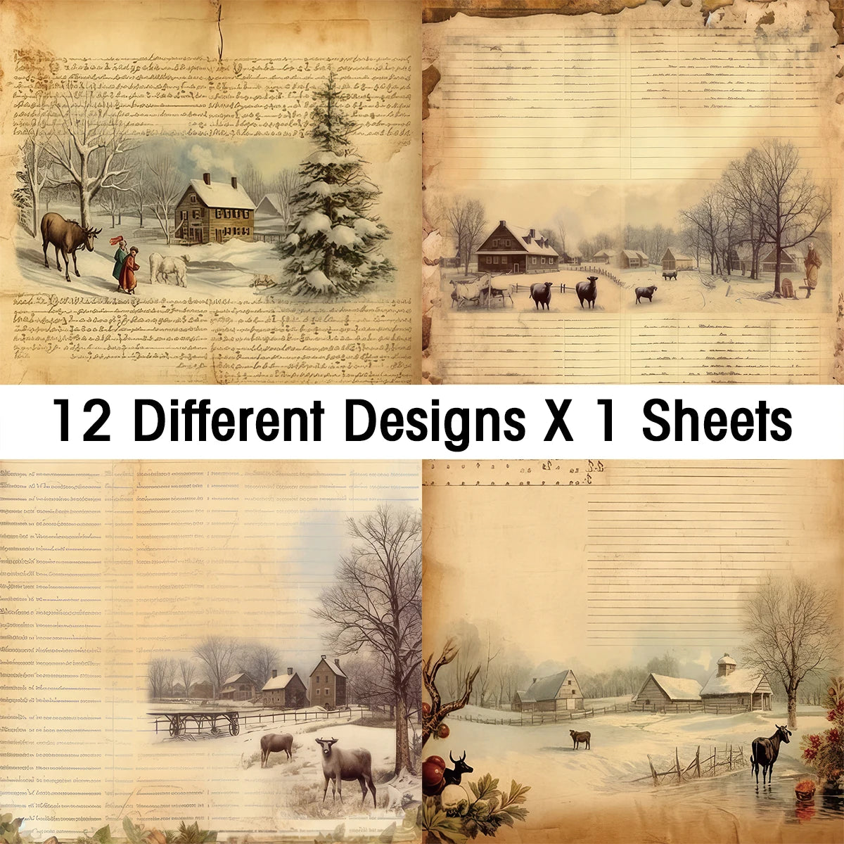Winter Christmas Junk Journal Paper,12sheet Xmas Scrapbooking Paper,Decorative Craft Paper for DIY Projects Card Making Planner