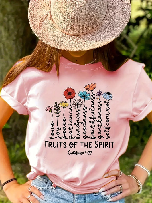 Flower Print Pattern Spirit Fruit Inspirational Quotes for Women's Casual Round Neck Short Sleeved T-shirt Women Clothing