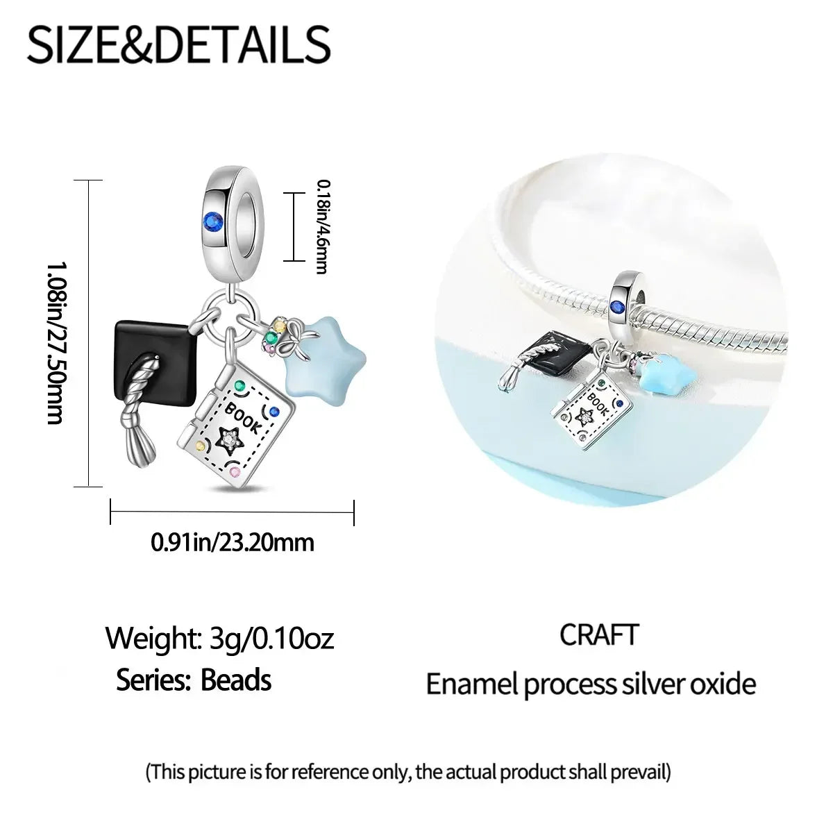 925 Sterling Silver Charms Bachelor's Cap Graduate Beads Pendant Fit Original Bracelet DIY Bead Gift for Graduation Ceremony