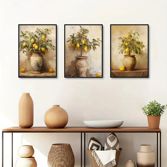 Retro Lemon Garden Canvas Art Poster-Fresh Lemon and Olive Tree Wall Prints for Modern Living Room,Office,and Home Decor Gifts