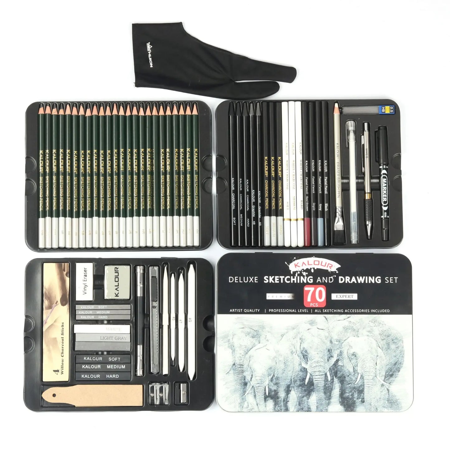 Kalour Art Supplies 70pcs Professional Sketching Pencil and Drawing Pencil Set in Tin Box with Various Drawing Tool for Artist