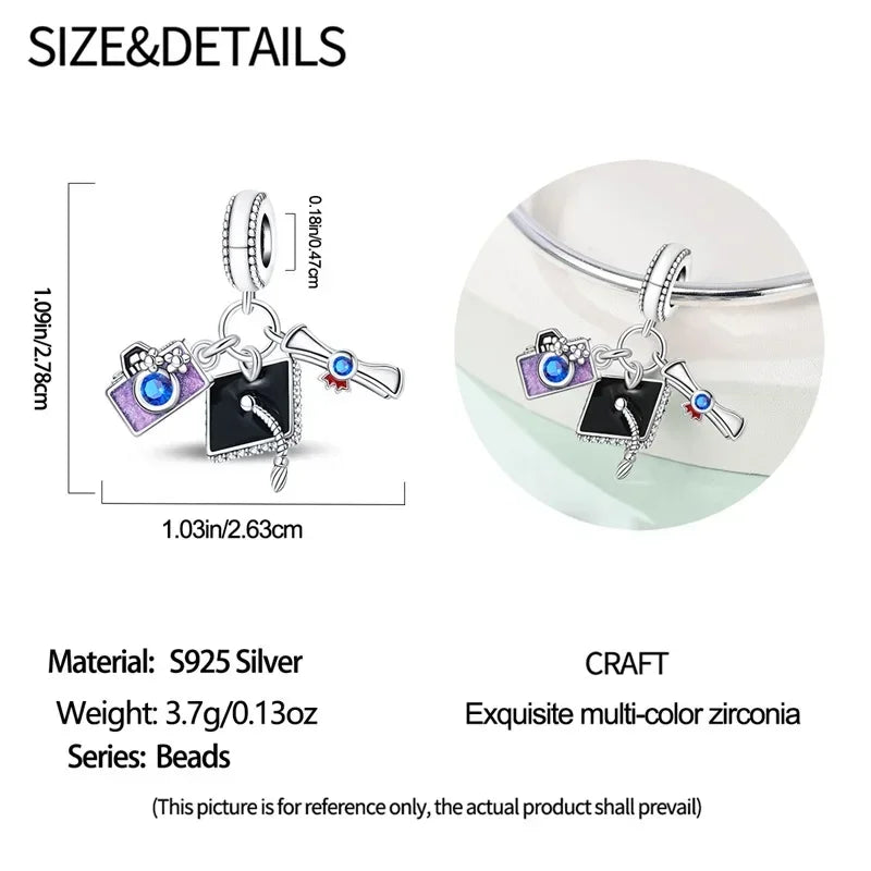 925 Sterling Silver Charms Bachelor's Cap Graduate Beads Pendant Fit Original Bracelet DIY Bead Gift for Graduation Ceremony