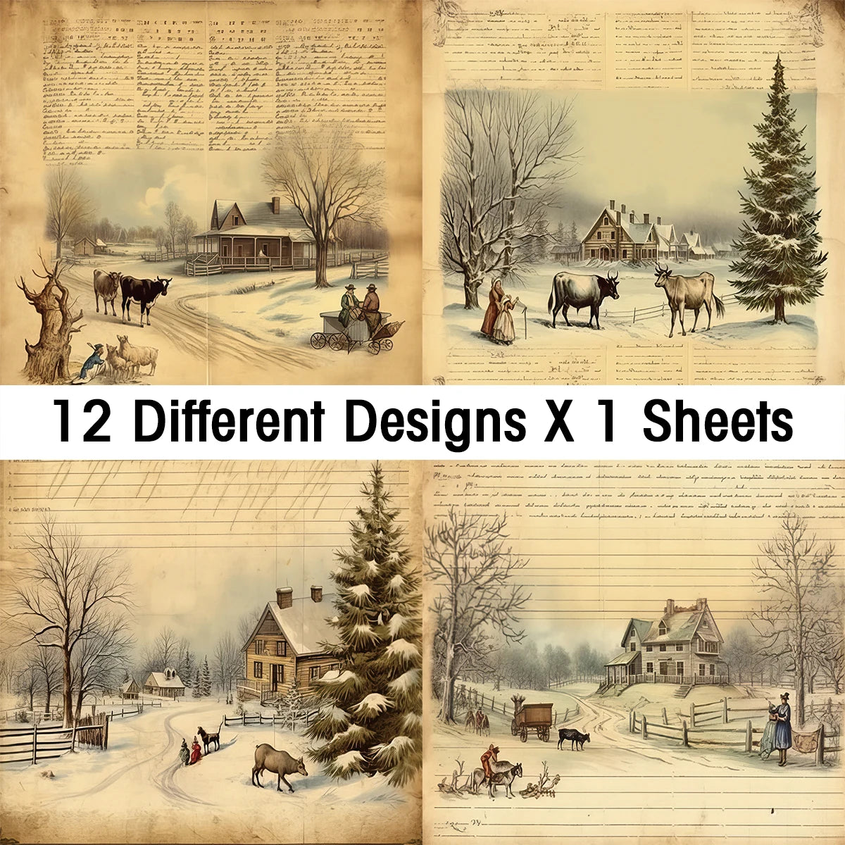 Winter Christmas Junk Journal Paper,12sheet Xmas Scrapbooking Paper,Decorative Craft Paper for DIY Projects Card Making Planner
