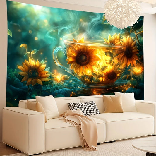 Sunflower tea cup Digital printing polyester wall hanging tapestry decorative Living room bedrooms Office background gift