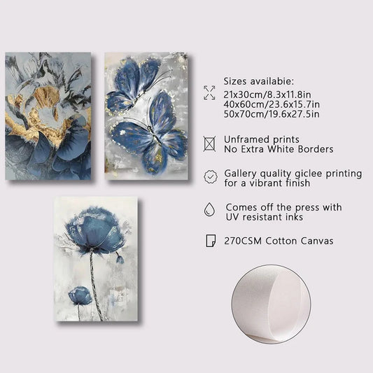 3pcs Luxury Flower Butterfly Print Painting Wall Art Canvas Posters for Living Room Bedroom Office Wall Decor Poster Moving Gift