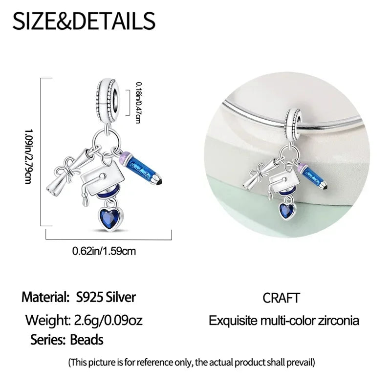 925 Sterling Silver Charms Bachelor's Cap Graduate Beads Pendant Fit Original Bracelet DIY Bead Gift for Graduation Ceremony