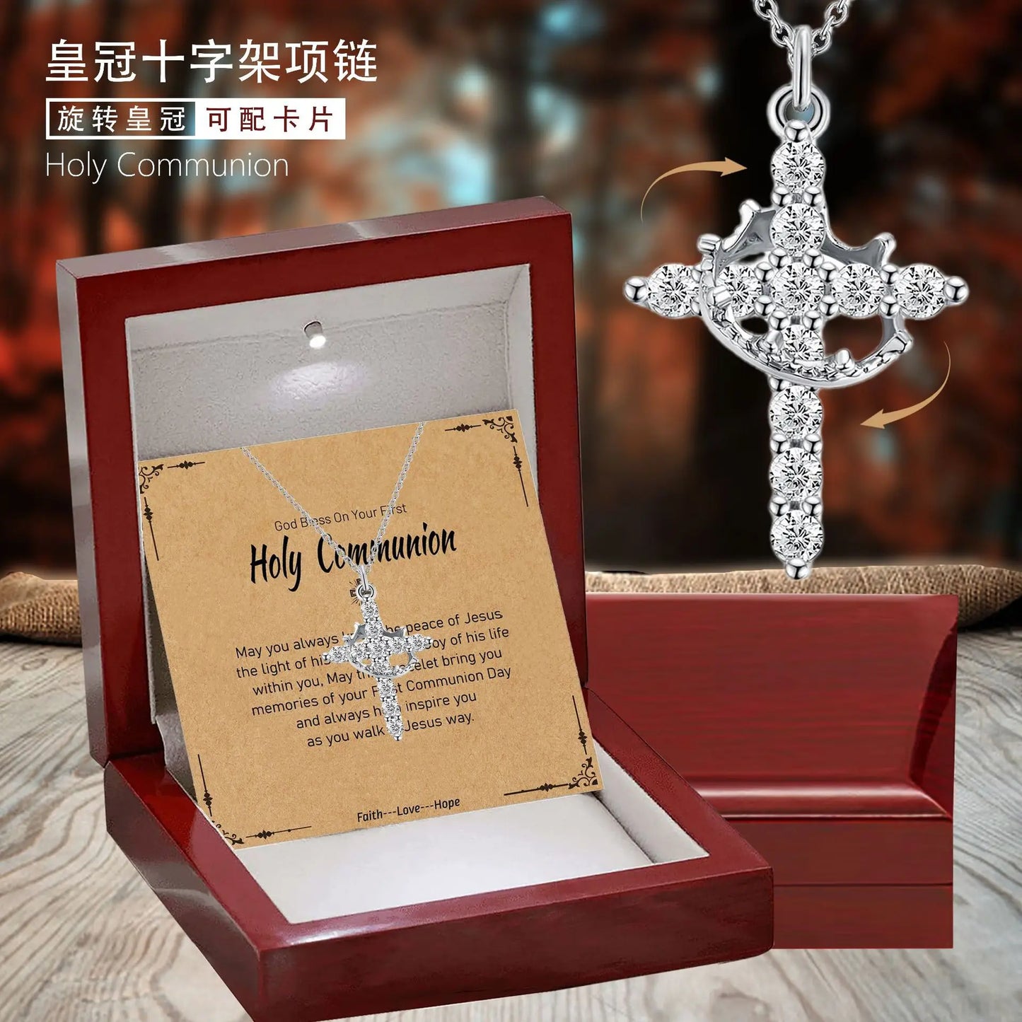 Fashionable women's crown pendant necklace with rotating cross; full of diamonds and zirconia; perfect for the clavicle chain