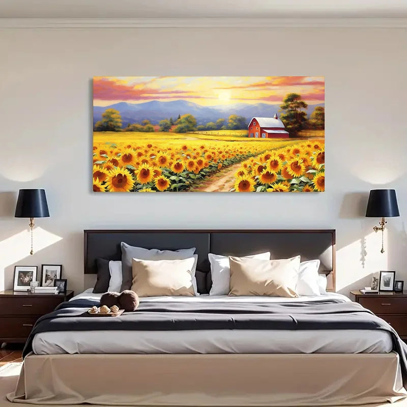 Rustic Sunflower Field Poster and Prints Modern Farmhouse Landscape Canvas Painting Wall Art Picture for Living Room Home Decor