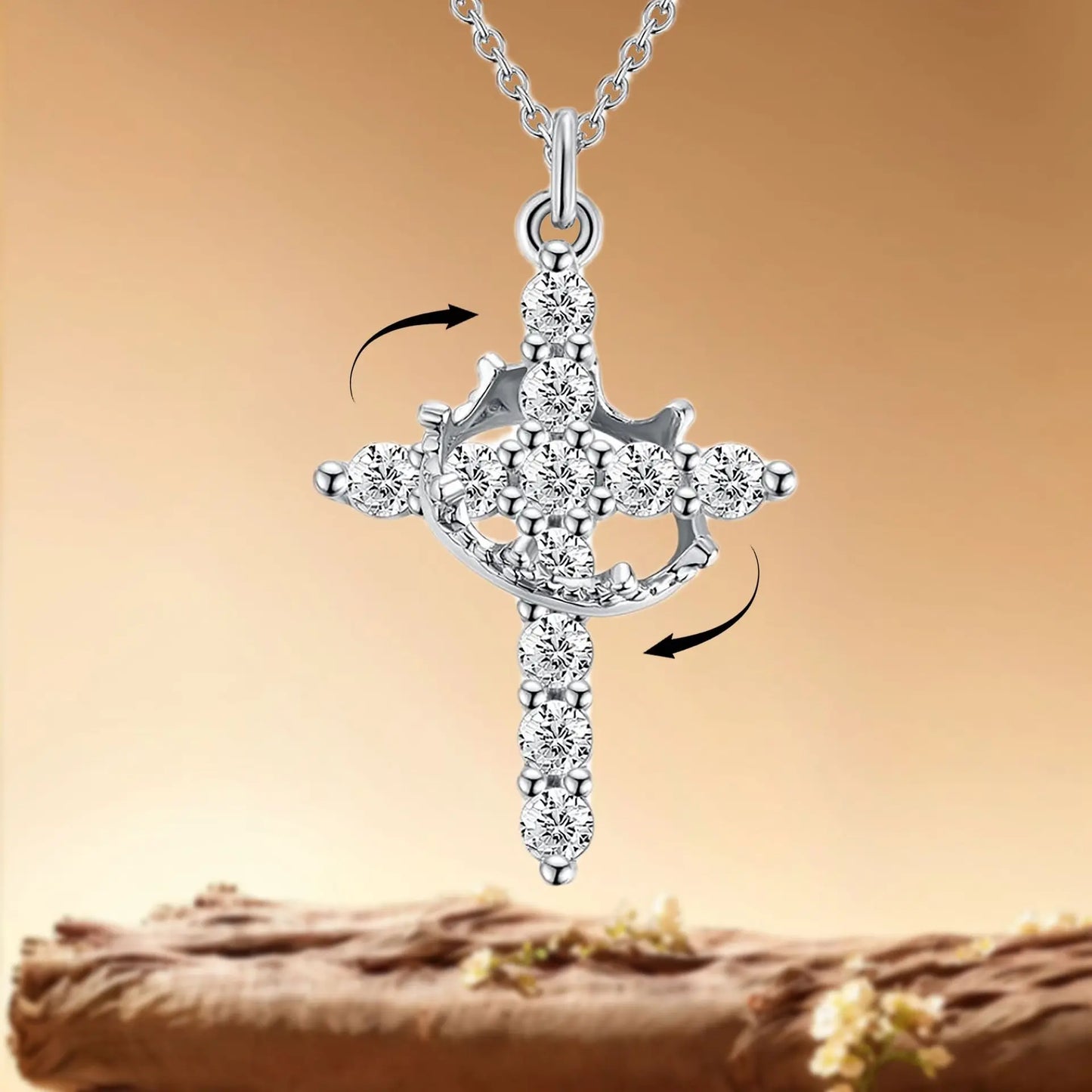 Fashionable women's crown pendant necklace with rotating cross; full of diamonds and zirconia; perfect for the clavicle chain