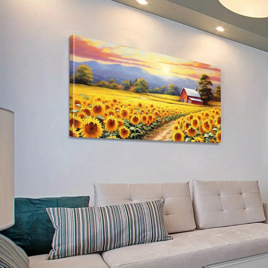 Rustic Sunflower Field Poster and Prints Modern Farmhouse Landscape Canvas Painting Wall Art Picture for Living Room Home Decor