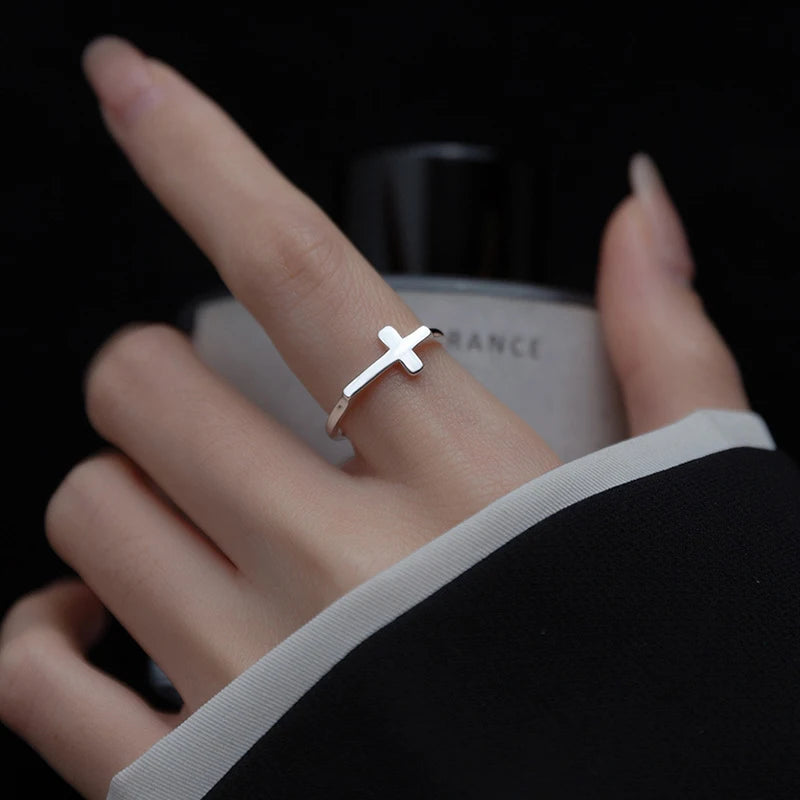 SOFTPIG Real 925 Sterling Silver Cross Adjustable Ring For Charming Women Party Trendy Fine Jewelry Minimalist Accessories