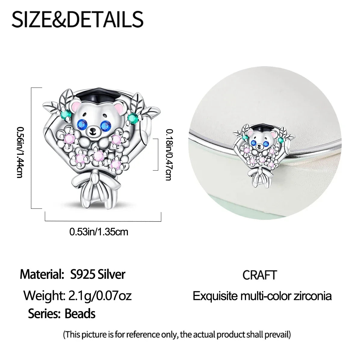 925 Sterling Silver Charms Bachelor's Cap Graduate Beads Pendant Fit Original Bracelet DIY Bead Gift for Graduation Ceremony