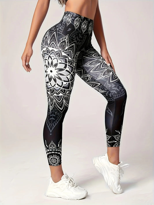 Outdoor sports fitness pants, ink-wash lotus print yoga long pants, fashionable and slimming women's tight pants