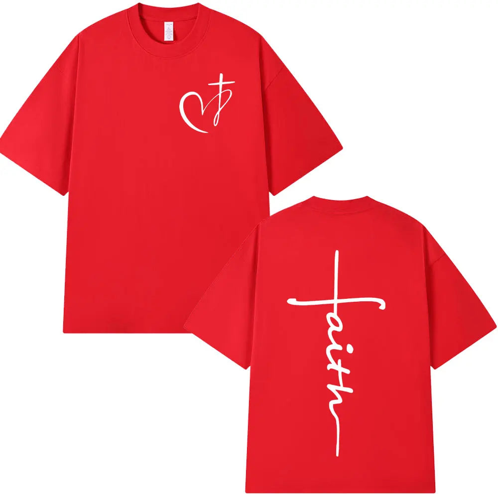 Heart Cross Christian Jesus Print T Shirt Fashion Hip Hop Street Short Sleeve T-shirts Men Women High Quality Cotton T-shirt Top
