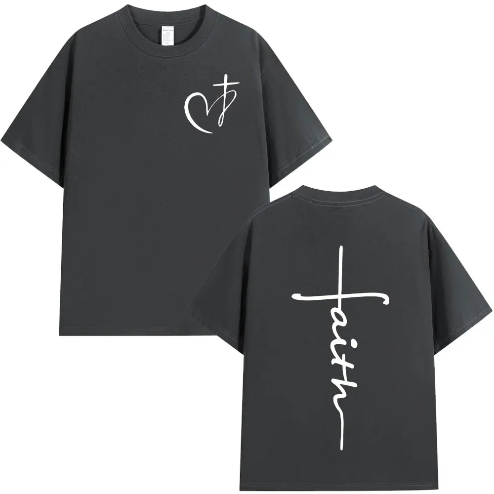Heart Cross Christian Jesus Print T Shirt Fashion Hip Hop Street Short Sleeve T-shirts Men Women High Quality Cotton T-shirt Top