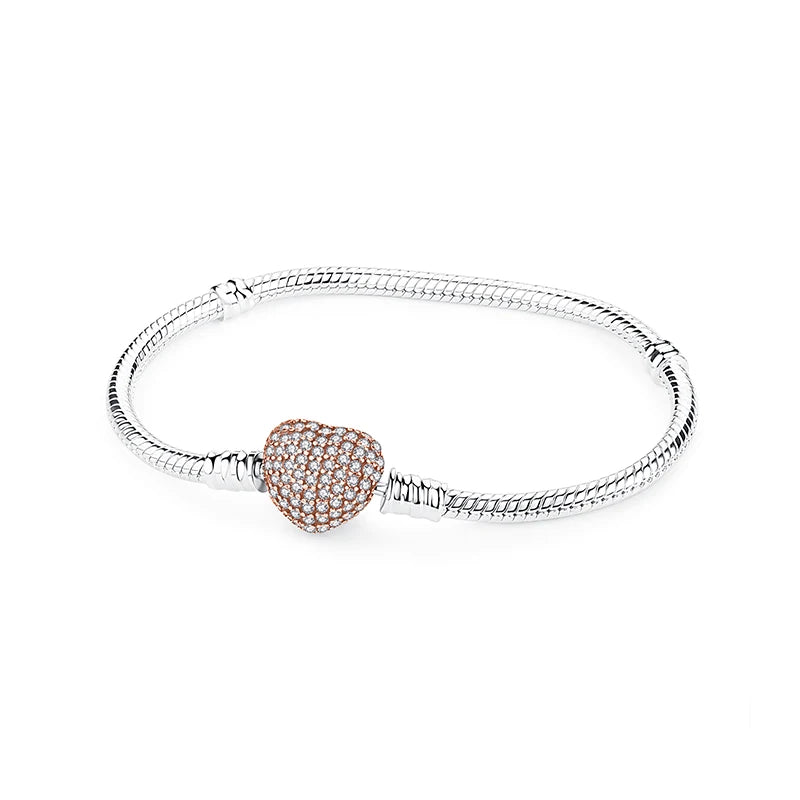 Original 925 Sterling Silver Bracelet For Women Charms Beads Rose Gold Heart Bracelets Bangles Snake Chain Luxury Jewelry Gift