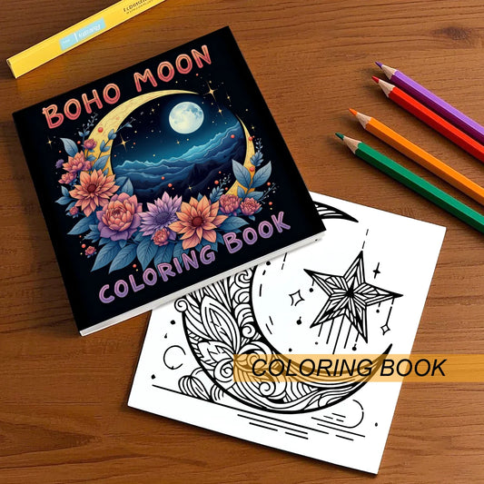BOHO MOON Coloring Book -30 Sheets Thick Paper for Adults Teens - Stress Relief Creative Cute Drawing Book DIY Gift Idea