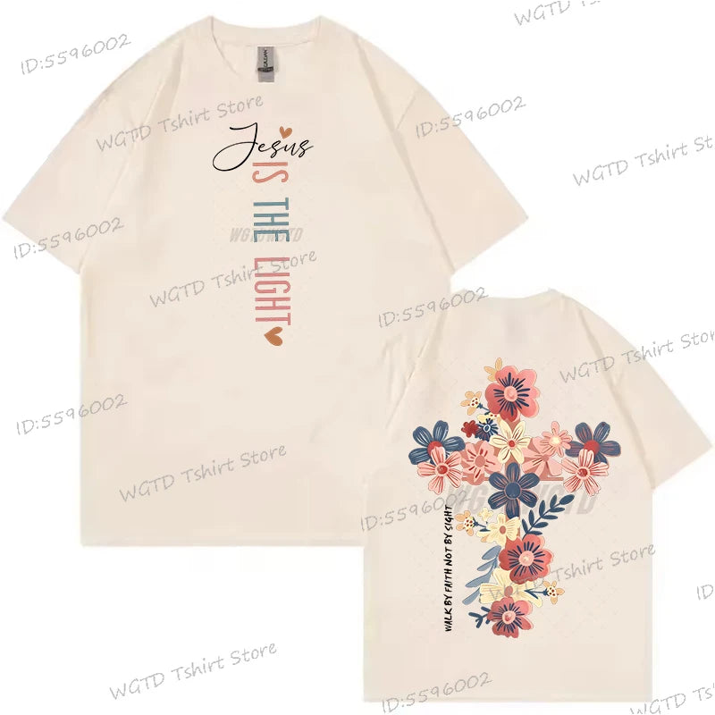 Jesus Is The Light Christian T Shirt Inspirational Floral Cross Vintage T Shirts Women Gift for Christian Religious T Shirts