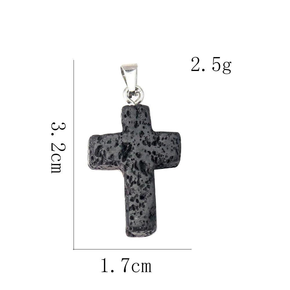 1PC Jesus Cross Pendant Natural Volcanic Stone Lava Christian Dangle Jewelry Charms Making for Women DIY Necklace Earrings Gift