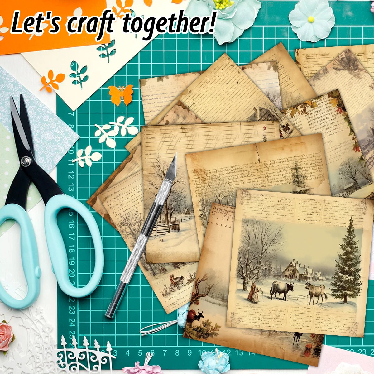 Winter Christmas Junk Journal Paper,12sheet Xmas Scrapbooking Paper,Decorative Craft Paper for DIY Projects Card Making Planner