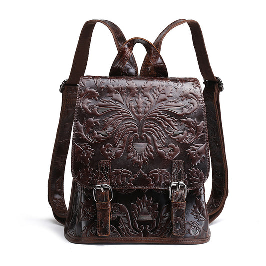 Vintage Embossed Leather Backpack – Artisan Coffee Brown