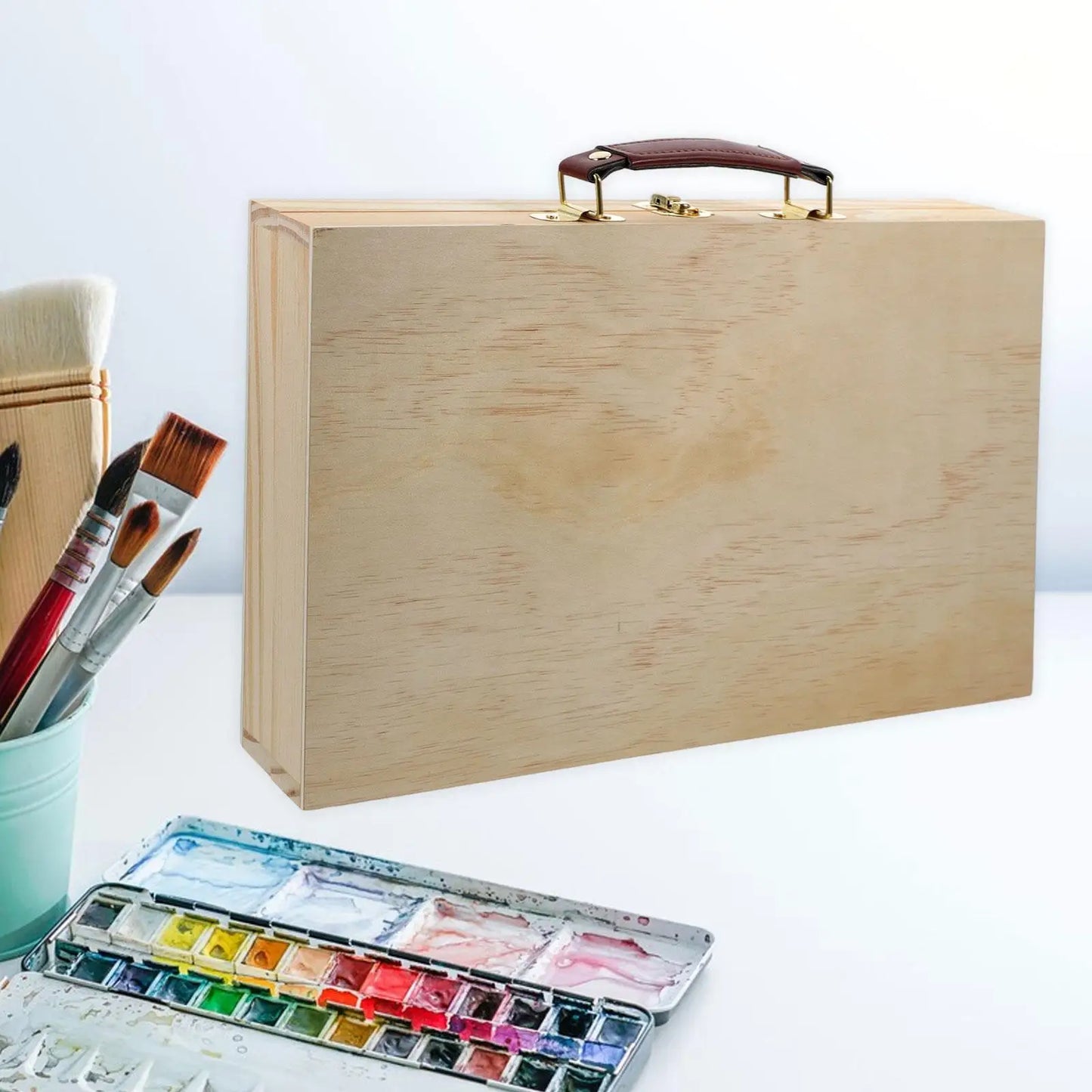 Wood Artist Supplies Box Carrying Case Sleek Multifunctional Portable Organizer Art Tool Box for Markers Paint Brushes Pastel