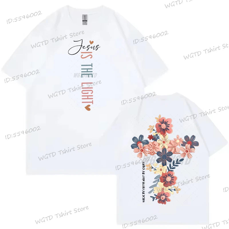 Jesus Is The Light Christian T Shirt Inspirational Floral Cross Vintage T Shirts Women Gift for Christian Religious T Shirts