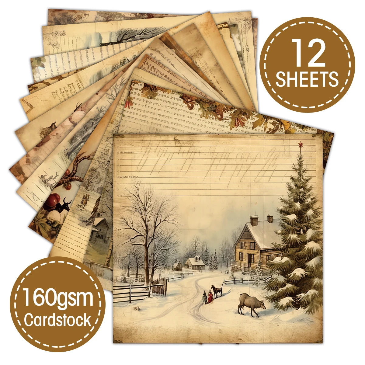 Winter Christmas Junk Journal Paper,12sheet Xmas Scrapbooking Paper,Decorative Craft Paper for DIY Projects Card Making Planner