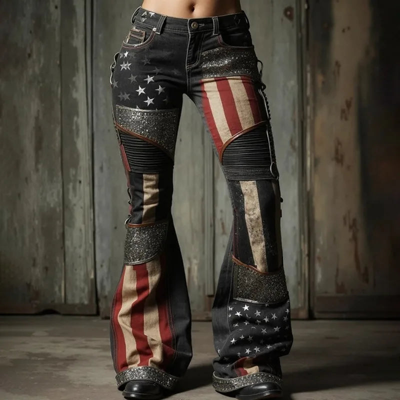 New 3D Digital Print Women's Flare Jeans High Waist Slim Fit Stretchy Denim Bell Bottom Pants Casual Trendy Daily Wear