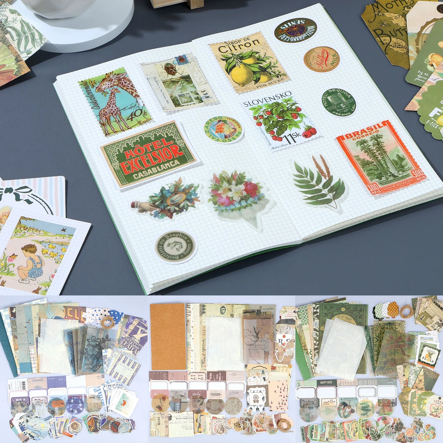 86Pcs Vintage Scrapbook Kit DIY Journaling Supplies Set with Scrapbook Stickers Cards Bookmarks Aesthetic Journaling Arts Craft