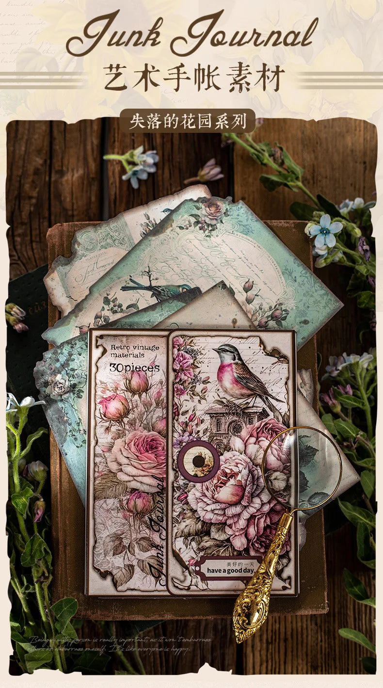 30pcs/pack Vintage Materials Paper Lost Garden Series DIY Scrapbooking Deco Junk Journal Planner Collage Photo Album Craft Paper