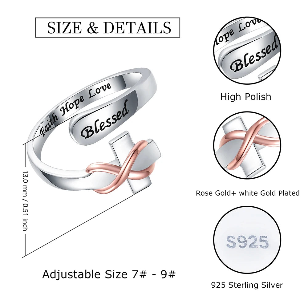 925 Sterling Silver Adjustable Christian Blessed Jesus Cross Infinity Ring Jewelry Faith Hope Love Gifts for Women Teen Girls