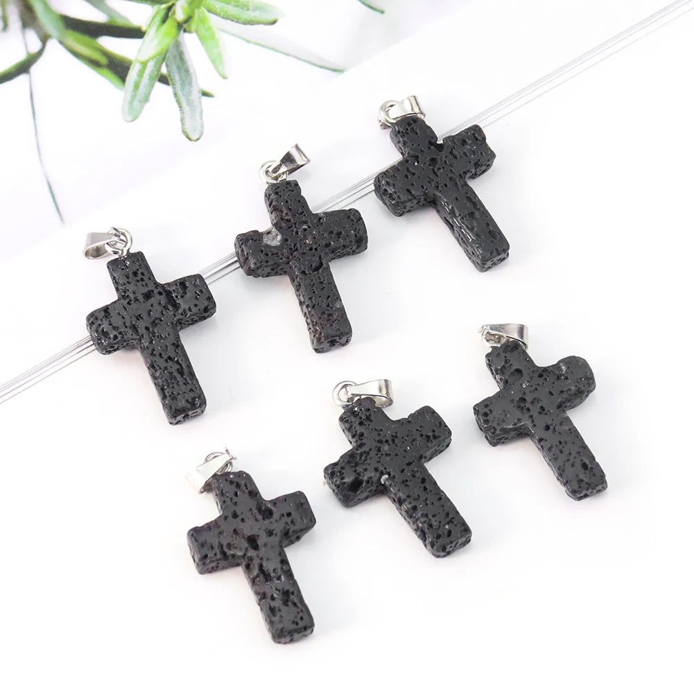 1PC Jesus Cross Pendant Natural Volcanic Stone Lava Christian Dangle Jewelry Charms Making for Women DIY Necklace Earrings Gift