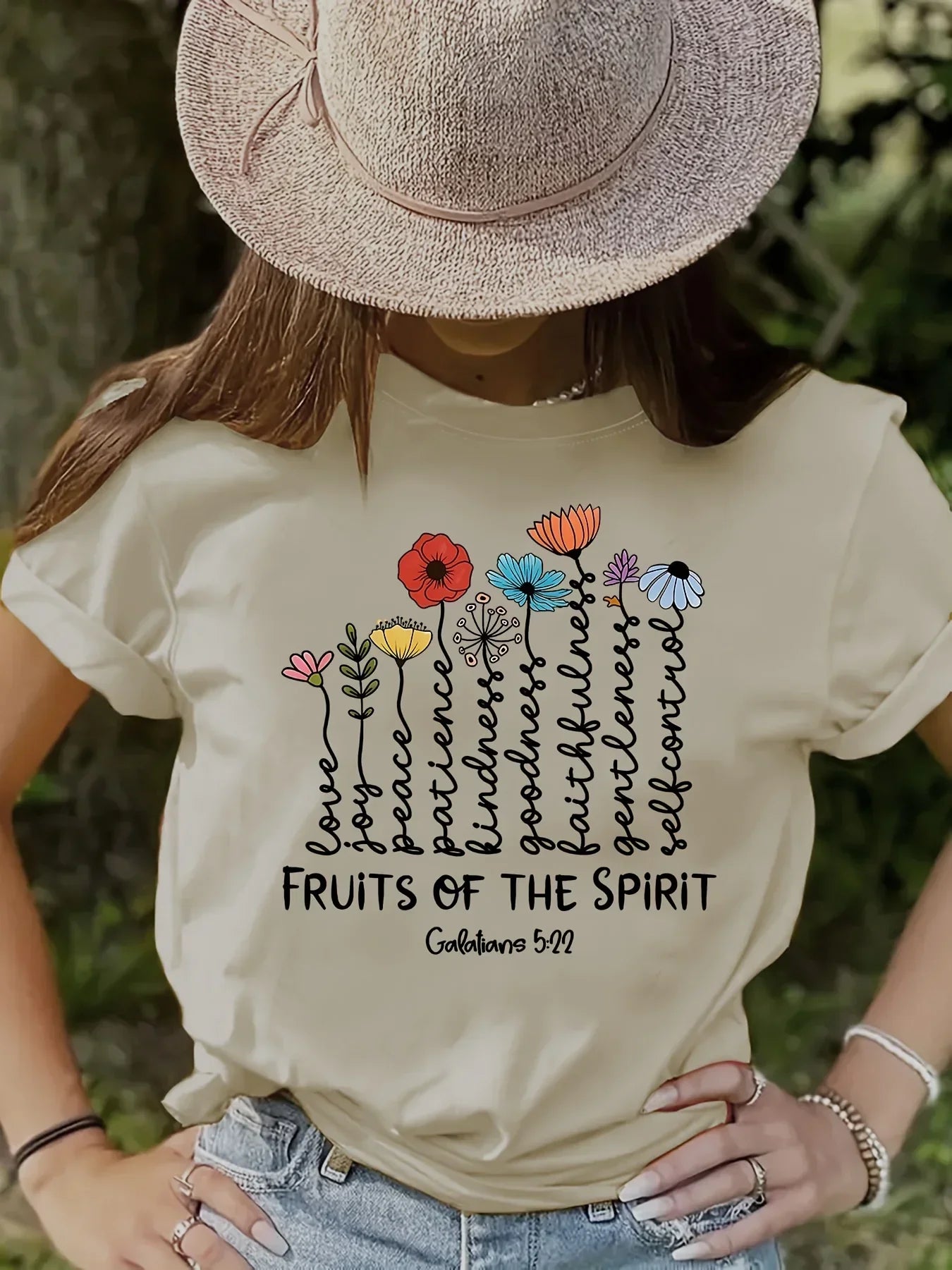 Flower Print Pattern Spirit Fruit Inspirational Quotes for Women's Casual Round Neck Short Sleeved T-shirt Women Clothing