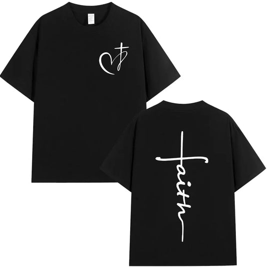 Heart Cross Christian Jesus Print T Shirt Fashion Hip Hop Street Short Sleeve T-shirts Men Women High Quality Cotton T-shirt Top