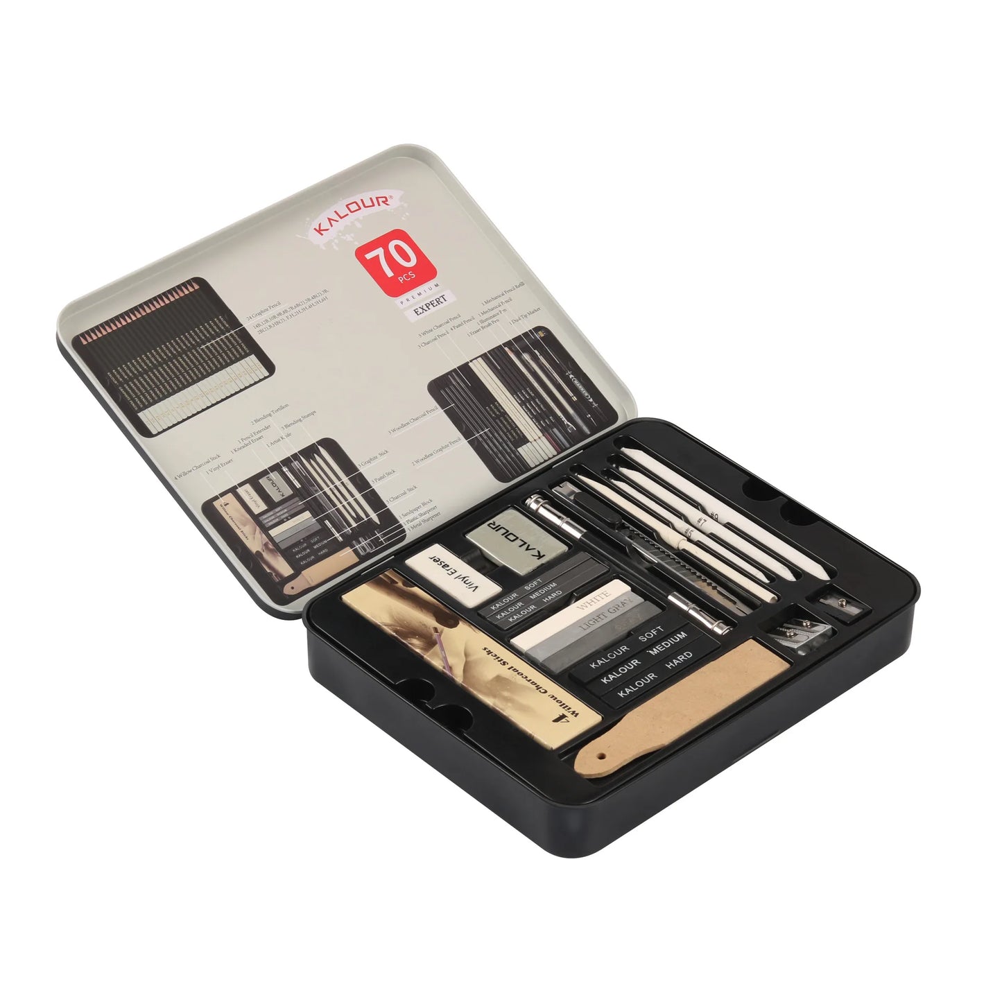 Kalour Art Supplies 70pcs Professional Sketching Pencil and Drawing Pencil Set in Tin Box with Various Drawing Tool for Artist