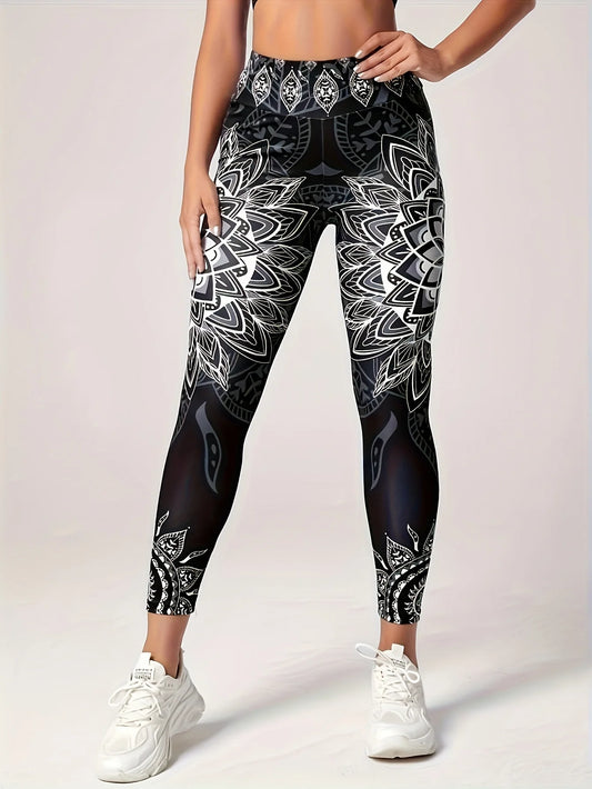 Outdoor sports fitness pants, ink-wash lotus print yoga long pants, fashionable and slimming women's tight pants