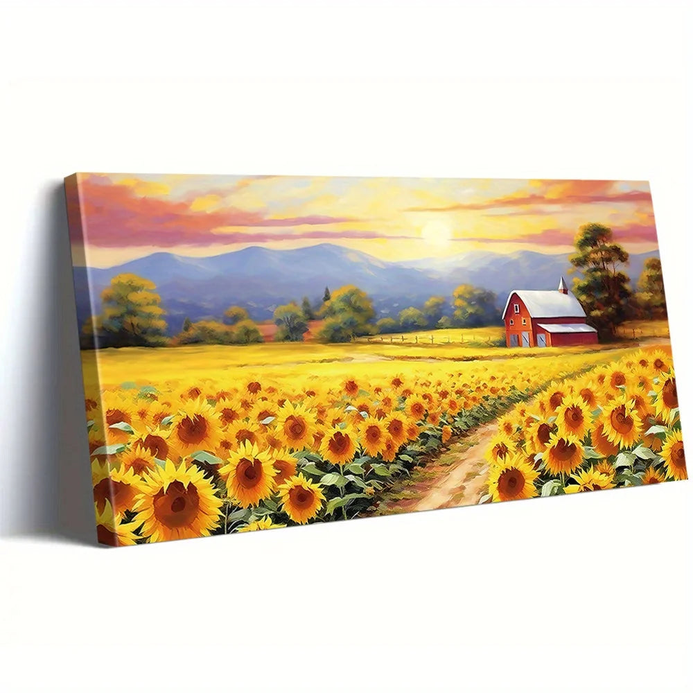 Rustic Sunflower Field Poster and Prints Modern Farmhouse Landscape Canvas Painting Wall Art Picture for Living Room Home Decor