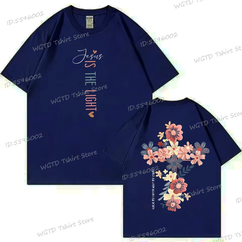 Jesus Is The Light Christian T Shirt Inspirational Floral Cross Vintage T Shirts Women Gift for Christian Religious T Shirts