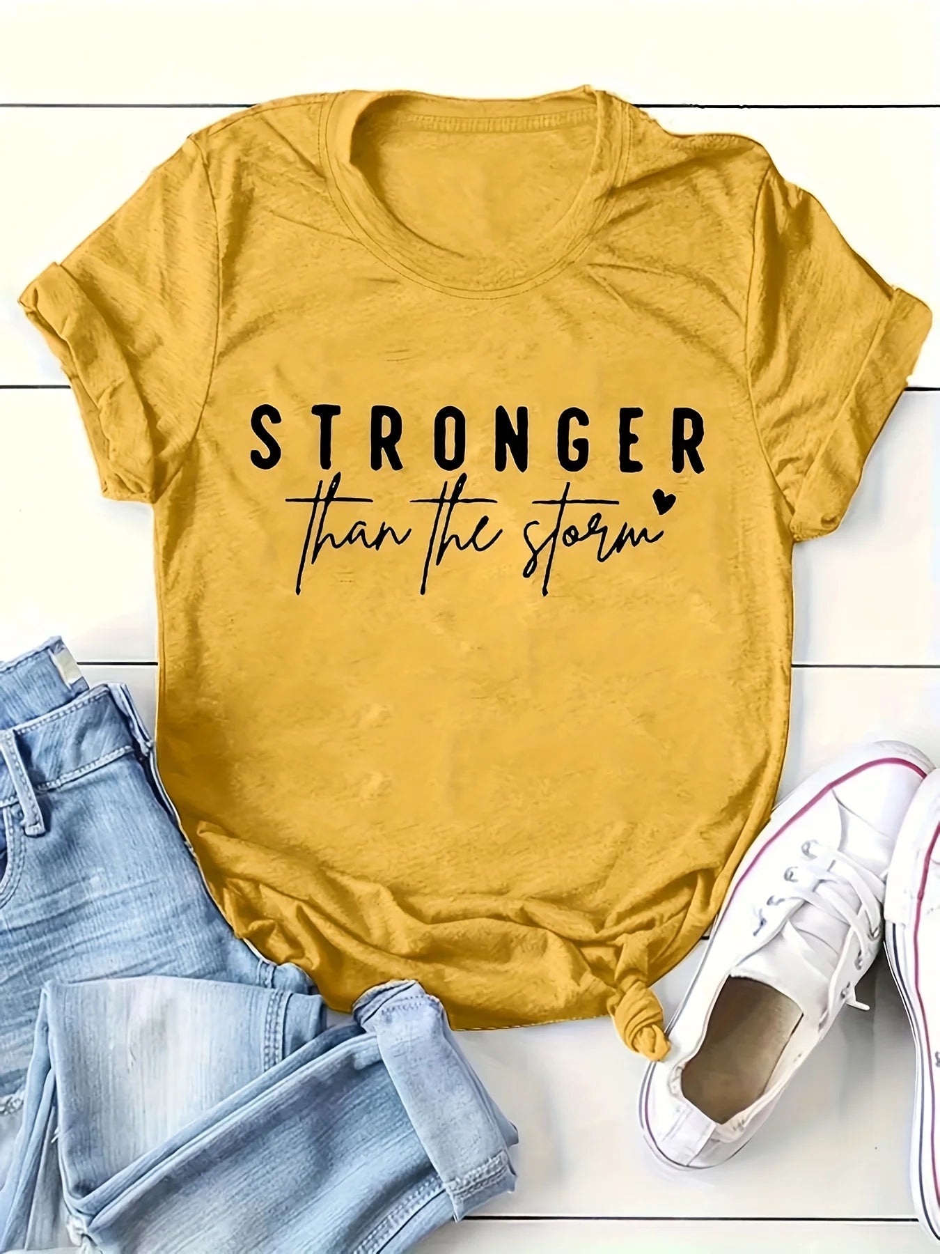 Stronger Than The Storm Women's Tee - Inspirational Graphic, Casual Mustard Top