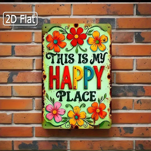 "This is My Happy Place" Colorful Floral Metal Wall Art Sign - Rustproof Iron Inspirational Quote Decor with Vibrant Orange, Pi
