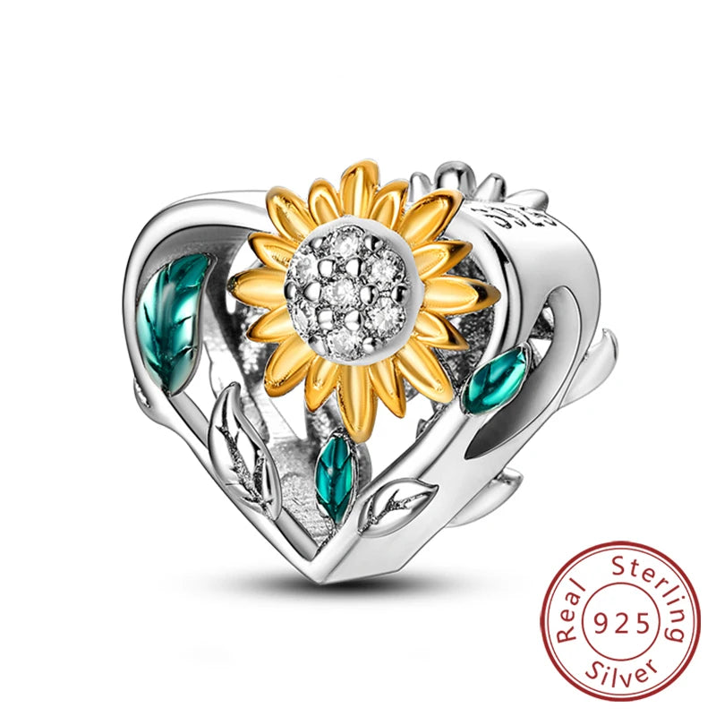 New 925 Sterling Silver Charms Pendant Sunflowers Heart Beads Fit Original Bracelets Charm DIY Jewelry Gifts Making