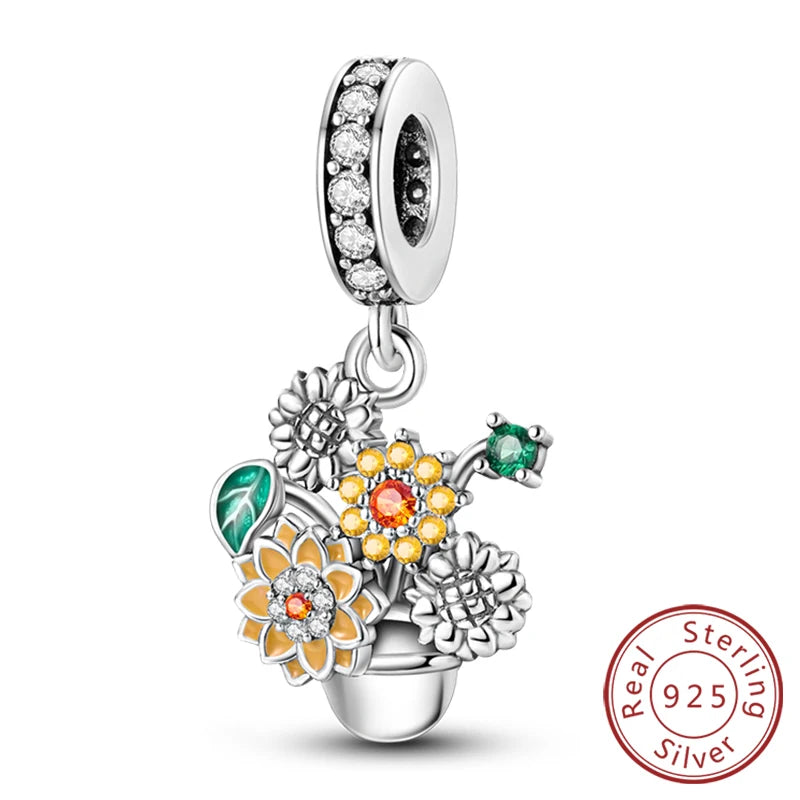 New 925 Sterling Silver Charms Pendant Sunflowers Heart Beads Fit Original Bracelets Charm DIY Jewelry Gifts Making