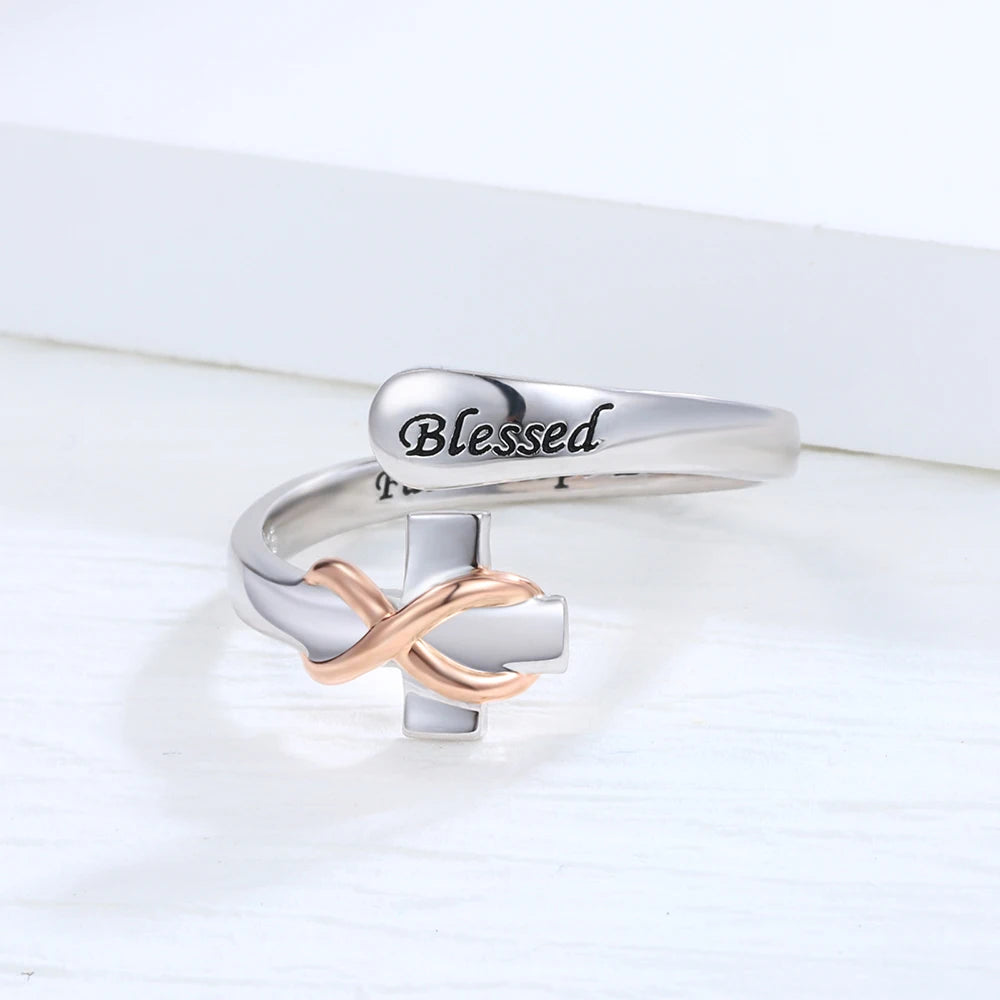 925 Sterling Silver Adjustable Christian Blessed Jesus Cross Infinity Ring Jewelry Faith Hope Love Gifts for Women Teen Girls