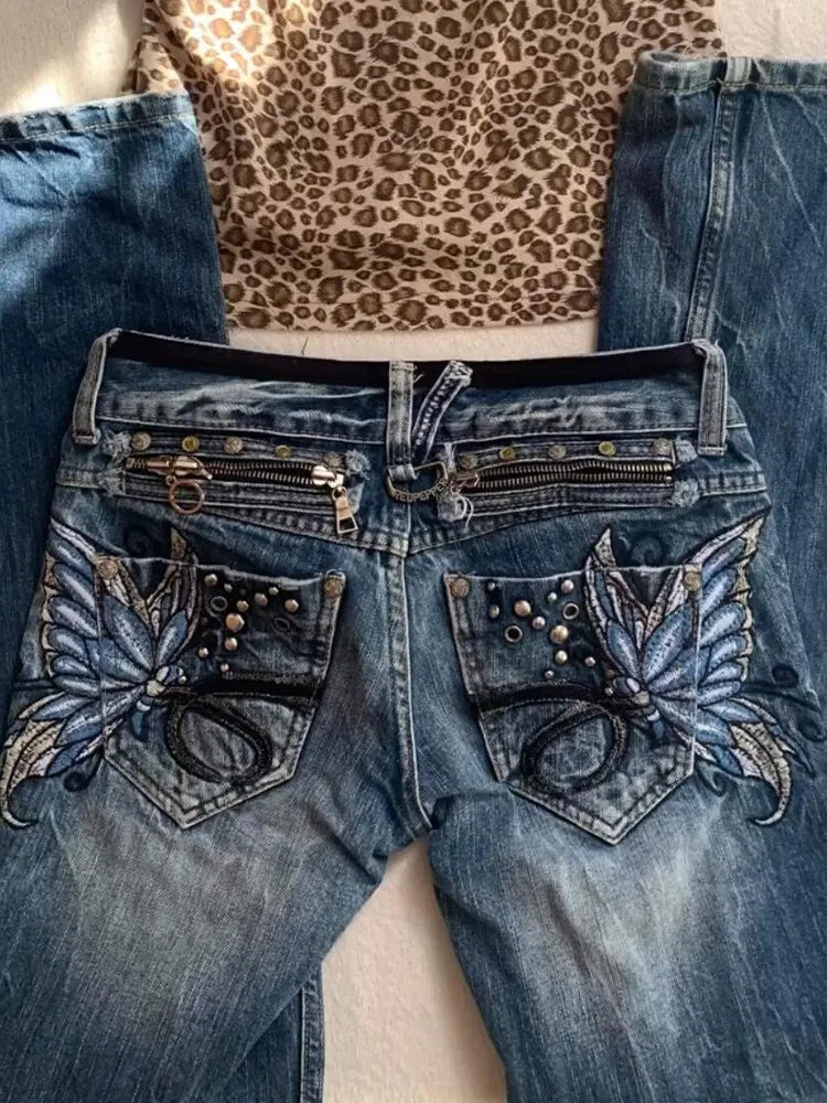 American Fashion High Street Large Size Butterfly Embroidered Women Jeans Y2K Millennium Harajuku Slim Flared Jeans