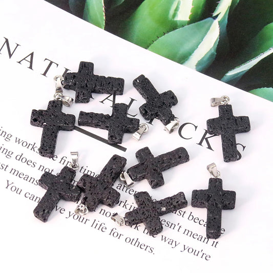 1PC Jesus Cross Pendant Natural Volcanic Stone Lava Christian Dangle Jewelry Charms Making for Women DIY Necklace Earrings Gift