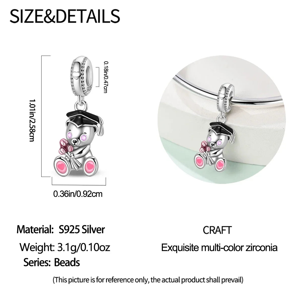 925 Sterling Silver Charms Bachelor's Cap Graduate Beads Pendant Fit Original Bracelet DIY Bead Gift for Graduation Ceremony
