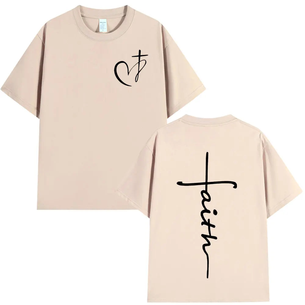 Heart Cross Christian Jesus Print T Shirt Fashion Hip Hop Street Short Sleeve T-shirts Men Women High Quality Cotton T-shirt Top