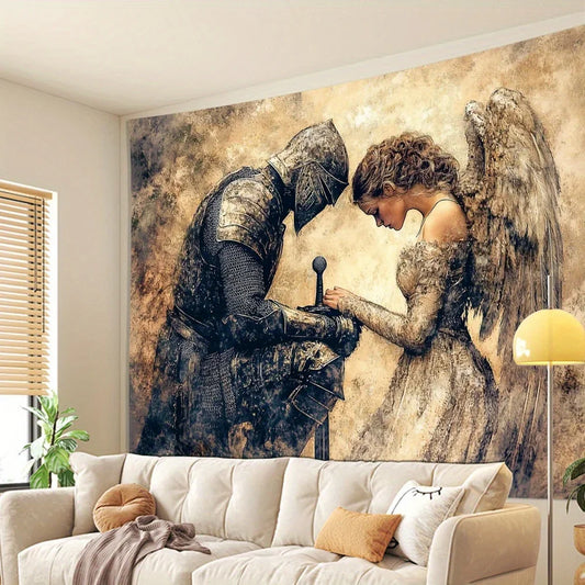 Vintage Knight and Angel Tapestry Prayer Front Scene Wall Hanging Polyester Fabric Living Room Bedroom Elegant Home Decor